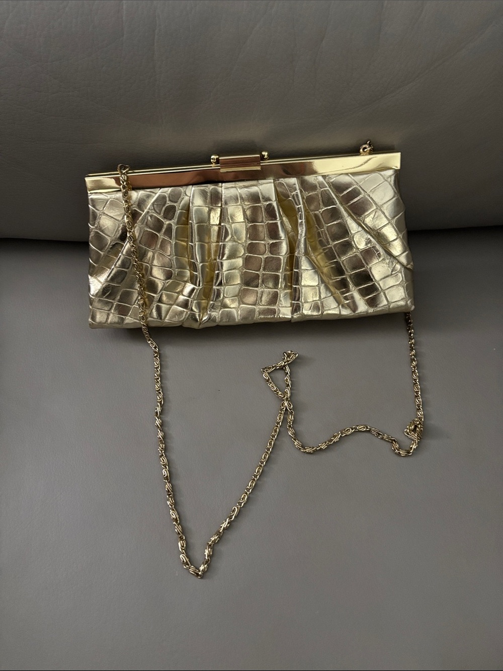 Gunne Sax Gold Croc-Embossed Clutch with Chain Strap